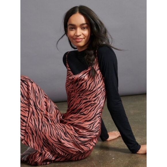Anthropologie 90s Grunge Elyse Slip Dress Zebra Print Silky Drape Neck Midi Sz S - Picture 2 of 14